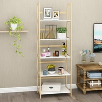 Skyland Tier Ladder Bookhelf, модерна полица за складирање со цврста рамка од дрво од бамбус за дневна соба, домашна канцеларија