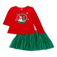 Време на одмор девојки Божиќна графичка маица со долг ракав и облека за здолништа со здолништа, 2 парчиња, големини 4-18