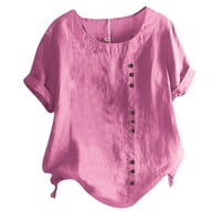 жизаиху жени мода кратки ракави кошули еднобојни блузи копчиња на екипажот маици жешка розова ххххххл
