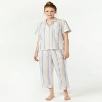 Womeејспун женски ткаен јака од јака и сет на пижами Капри, големини S до 3x