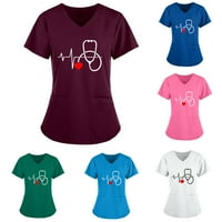 Жените Scrubs_Tops, Жените Срцето Печатење V-Вратот Краток Ракав Работна Униформа Блуза Scrubs_Top Работна Блуза