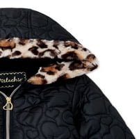 Девојки за фстаци со ватирана јакна со пуфер со трим со крзно од леопард, големини 4-6x