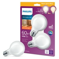Philips LED 60-WATT G општа намена Глобус сијалица, замрзнат мек бел топол сјај, затемнет, е база