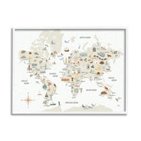 Интрир Светска мапа на дестинација Илитрации меки кафеави тонови врамени уметнички отпечатоци од уметност