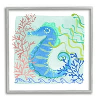 Stuple Industries Funky Seahorse портрет слоевит морски живот Ботанички графички уметност сива врамена уметничка печатена wallидна уметност, дизајн од непознат