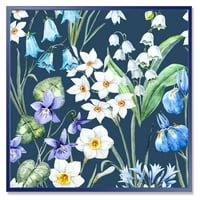 DesignArt 'Сино -бели пролетни цвеќиња на темно сина' Традиционална врамена платно wallидна уметност печатење