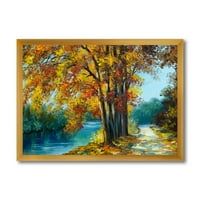 DesignArt 'Апстрактни дрвја во топли есенски бои од светло сина река' Традиционално врамено уметничко печатење