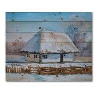 Дизајн Традиционална куќа покриена со снег во зима, традиционално печатење на природно бор дрво