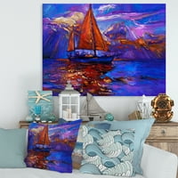 DesignArt 'Бродот со црвена плови на виолетово зајдисонце во синиот океан' Наутички и крајбрежно платно wallидно уметности печатење