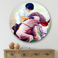 DesignArt 'Jockey on Galoping Pink Horse' Farmhouse Circle Metal Wallид уметност - диск од 36