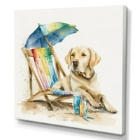Дизајнарт Куче Поставување На Стол На Плажа Против Платно Ѕид Уметност