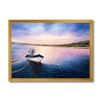 DesignArt 'живописно зајдисонце над риболов брод покрај брегот' езерото куќа врамена уметничка принт