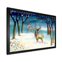 DesignArt Deers со зимски пејзаж “Традиционално врамен уметнички принт
