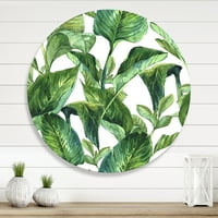 DesignArt „Зеленило од тропски лисја на бела„ тропски круг метал wallид уметност - диск од 23