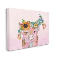 Tuphely Industries Floral Pink Little Piggy & Bird Lifage Callage Gallery Wrapped Canvas Print Wall Art, Design by Lisa Morales