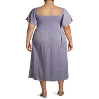 Греј од Грејсон Социјална женска плус големина Смачкан квадратен врат миди фустан