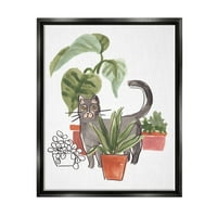 Stuple industries сива мачка миленичиња теракота куќа растенија тропски монстера џет црно врамени пловечки платно wallидна уметност,