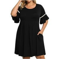 shpwfbe летни фустани за жени плус големина фустан за женски тркалезен врат обична забава џебови за лулашки црн фустан